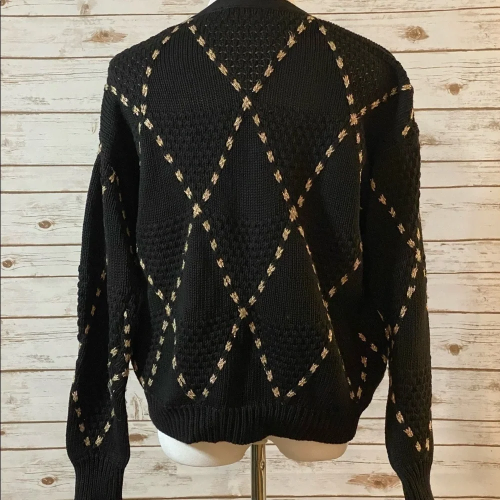 Vintage Chinawear black/gold geometric 1990s V-neck cardigan sweater Size Large